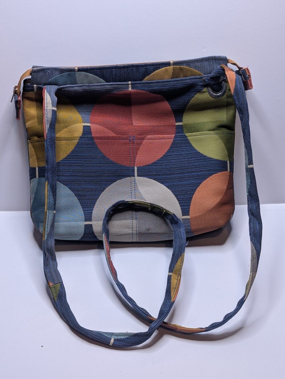 Geometric Circle Print Tote Bag Blue Multicolor Fabric Shoulder Purse
